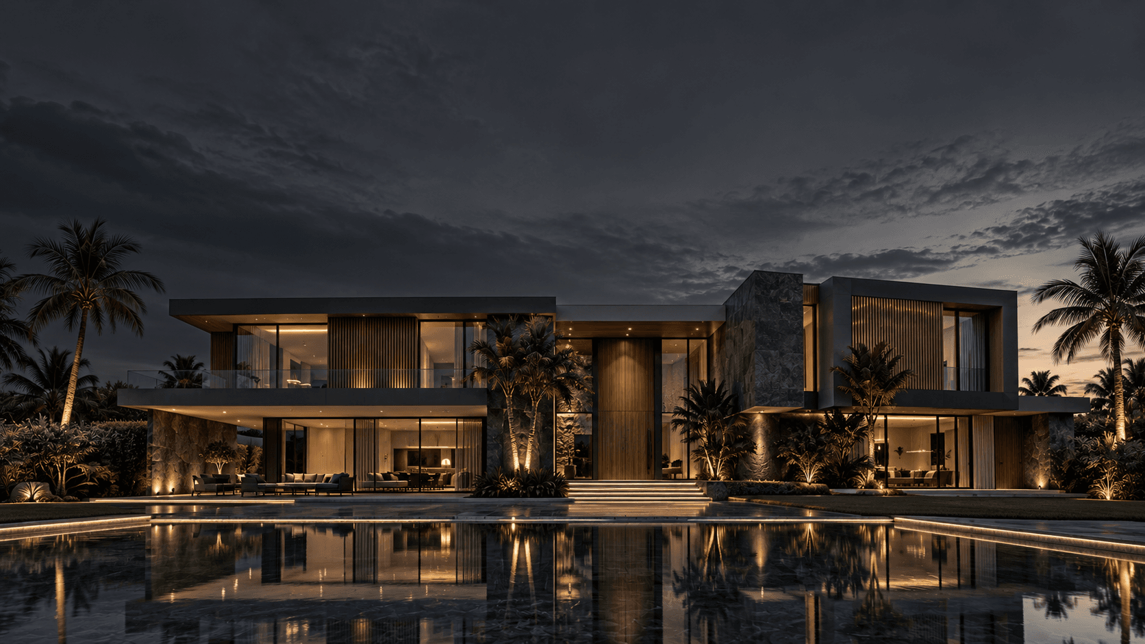 Villa contemporaine de luxe avec piscine au crépuscule